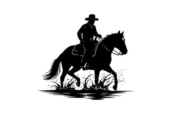 Cowboy Riding Horse Through River in Black