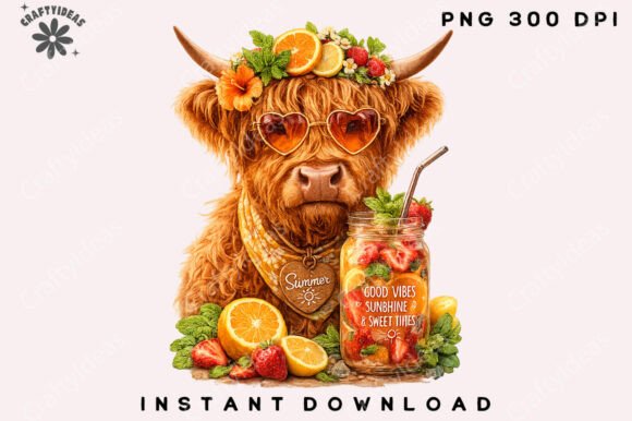 Highland Cow Summer PNG, Retro Summer Review